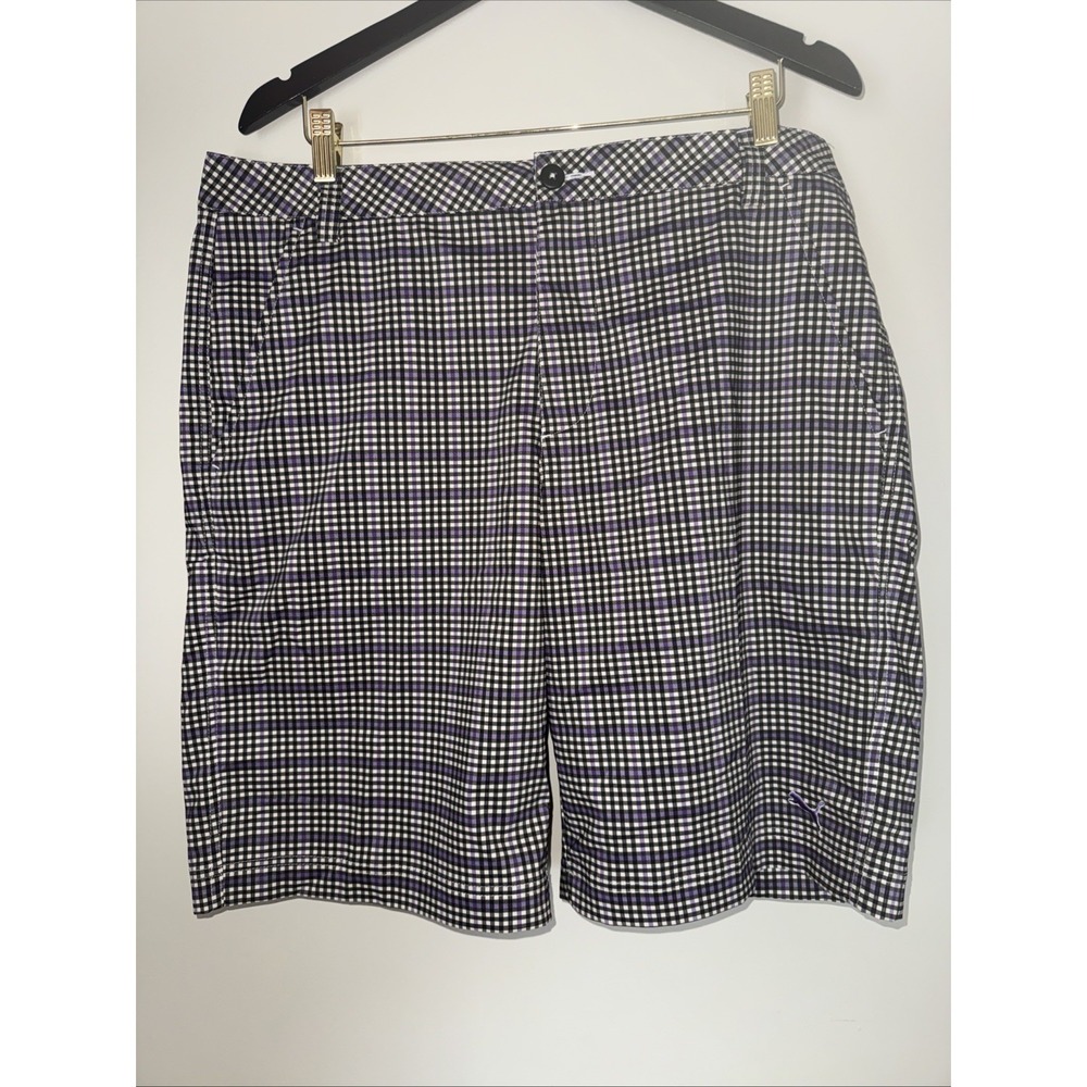 Puma Golf Shorts Mens Size 36 Black Gray Purple Plaid Dry Cell Flat Front